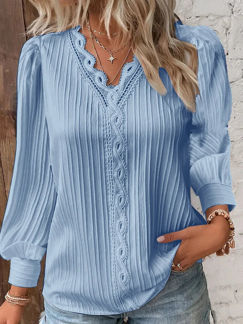 Blusa Elegante de Chiffon Com Renda e Manga Lanterna - Decote em V.
