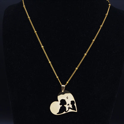 Colar feminino em aço inoxidável com pingente de coração para mãe e bebê.
