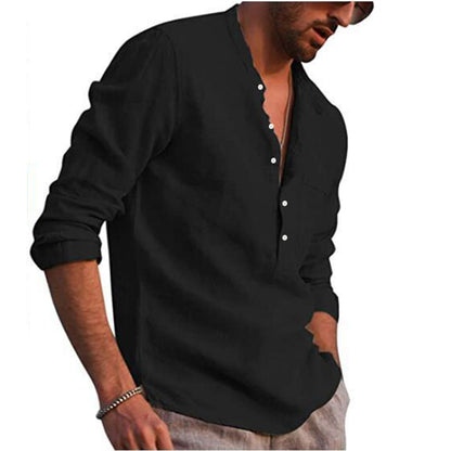 Camisas masculinas de manga comprida de algodão e linho gola alta.