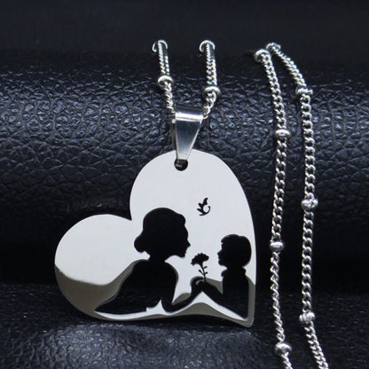 Colar feminino em aço inoxidável com pingente de coração para mãe e bebê.