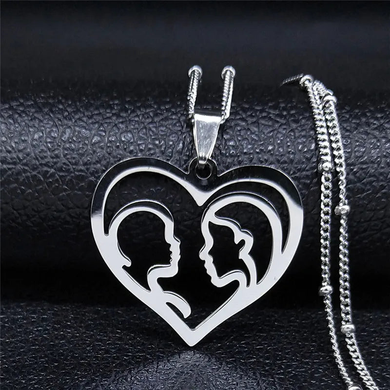 Colar feminino em aço inoxidável com pingente de coração para mãe e bebê.