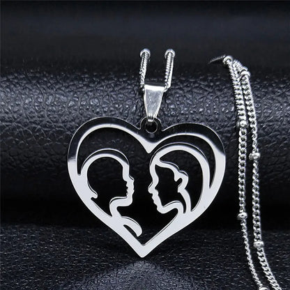 Colar feminino em aço inoxidável com pingente de coração para mãe e bebê.