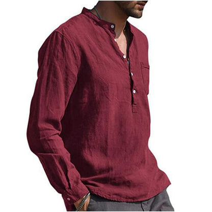 Camisas masculinas de manga comprida de algodão e linho gola alta.