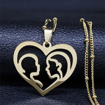 Colar feminino em aço inoxidável com pingente de coração para mãe e bebê.
