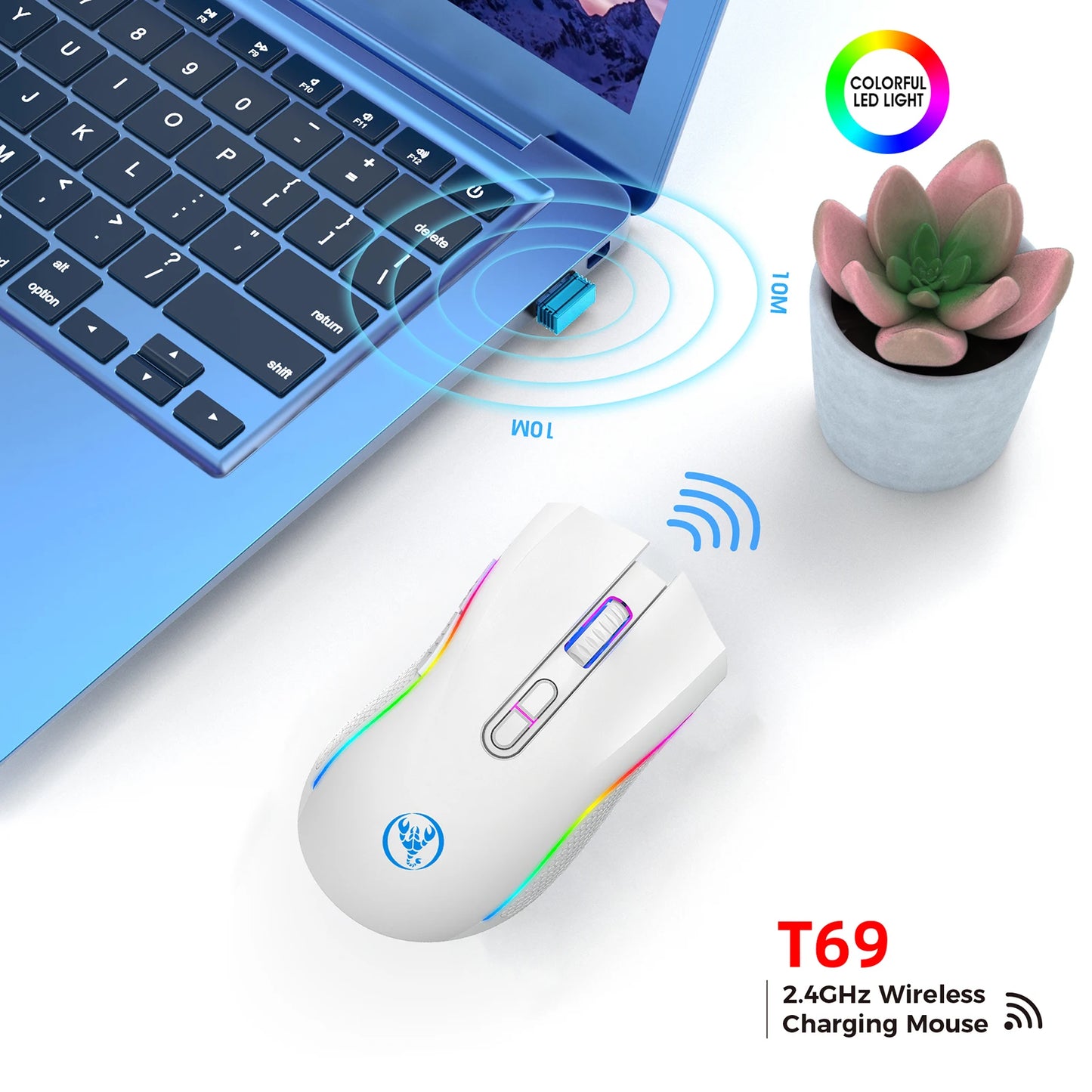 Mouse Gamer Sem Fio RGB Ergonômico com 7 Botões Programáveis