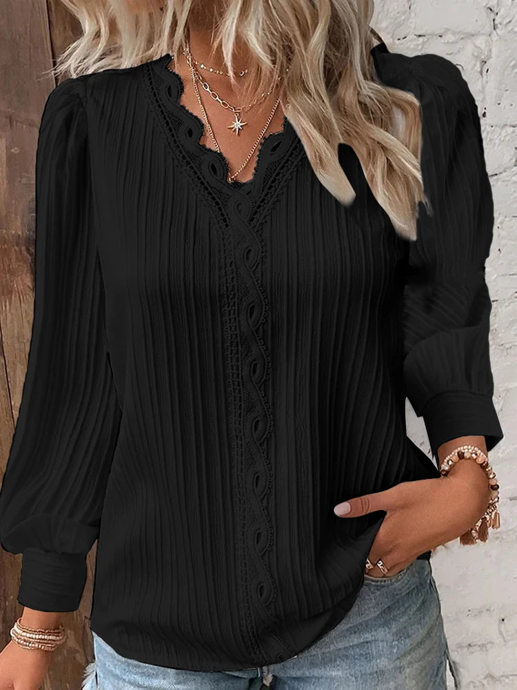 Blusa Elegante de Chiffon Com Renda e Manga Lanterna - Decote em V.