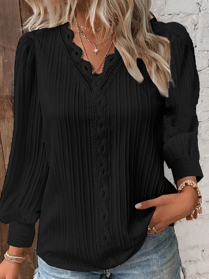 Blusa Elegante de Chiffon Com Renda e Manga Lanterna - Decote em V.