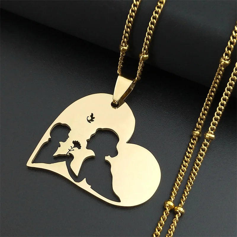 Colar feminino em aço inoxidável com pingente de coração para mãe e bebê.