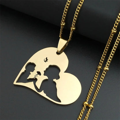 Colar feminino em aço inoxidável com pingente de coração para mãe e bebê.
