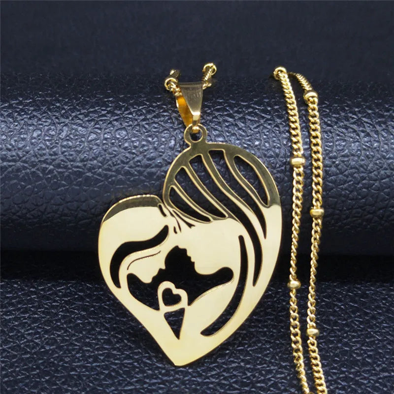 Colar feminino em aço inoxidável com pingente de coração para mãe e bebê.