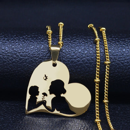 Colar feminino em aço inoxidável com pingente de coração para mãe e bebê.
