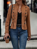 Casaco Feminino Europeu e Americano em Camurça com Botões Duplos