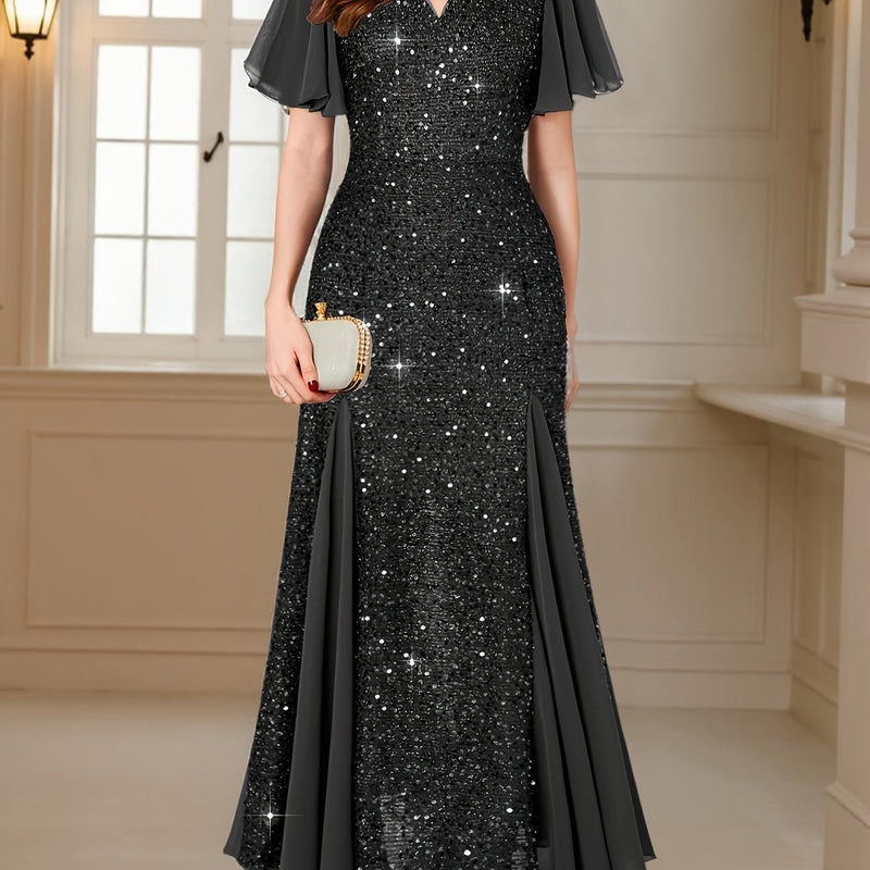 Vestido Longo Elegância com Paetês Roxos, Mangas com Babados e Decote em V