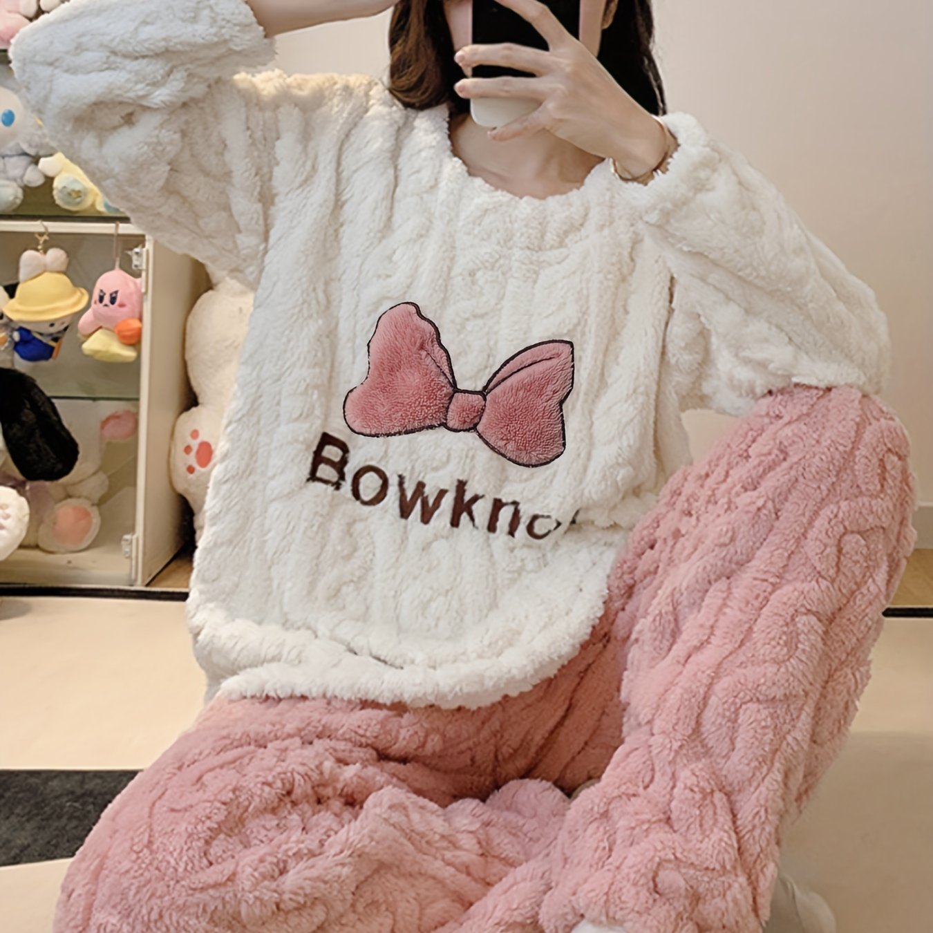 Pijama Feminino de Lã Jacquard com Estampa de Laços – Quentinho e Confortável