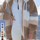 Casaco Feminino Peluciado com Capuz – Azul e Bege em Blocos de Cor