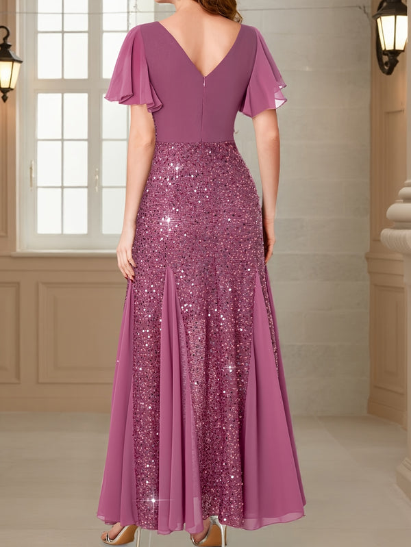 Vestido Longo Elegância com Paetês Roxos, Mangas com Babados e Decote em V