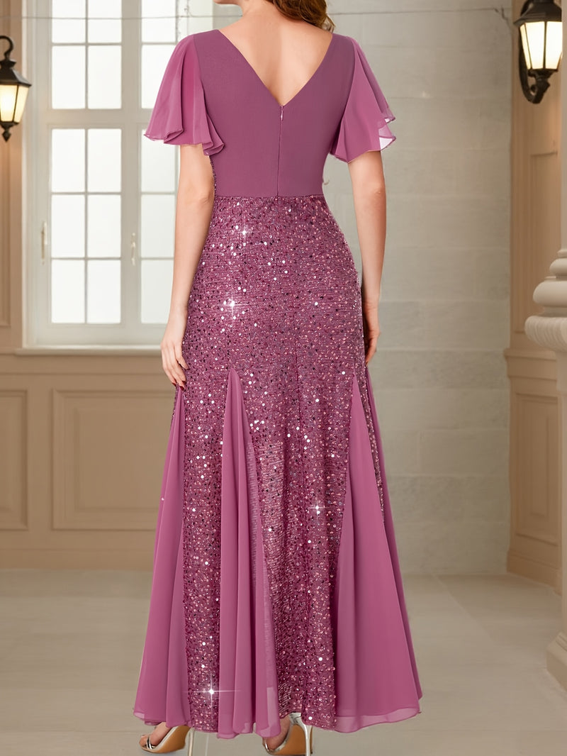 Vestido Longo Elegância com Paetês Roxos, Mangas com Babados e Decote em V