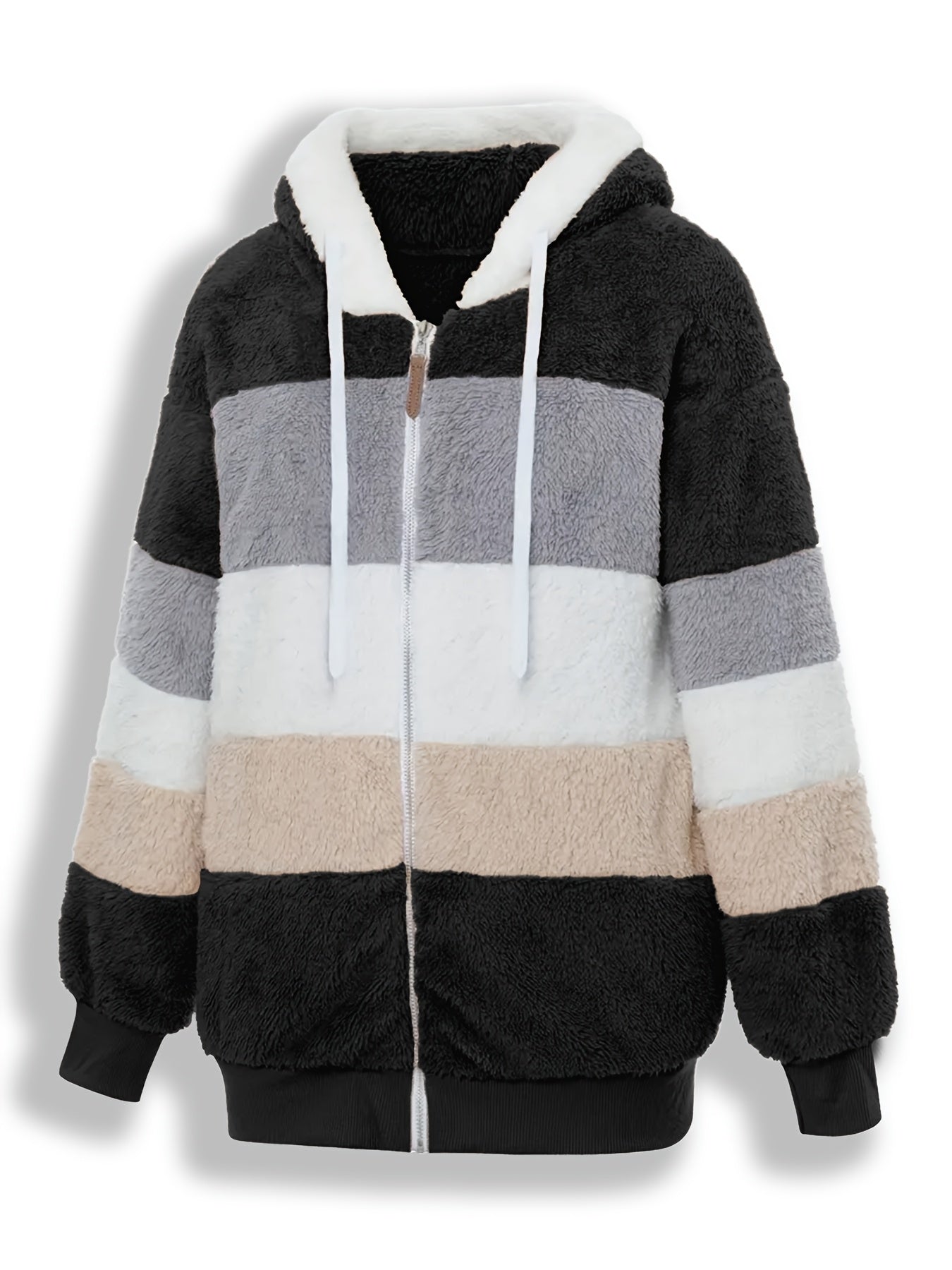 Casaco Feminino Peluciado com Capuz – Azul e Bege em Blocos de Cor