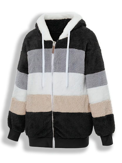 Casaco Feminino Peluciado com Capuz – Azul e Bege em Blocos de Cor