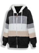 Casaco Feminino Peluciado com Capuz – Azul e Bege em Blocos de Cor