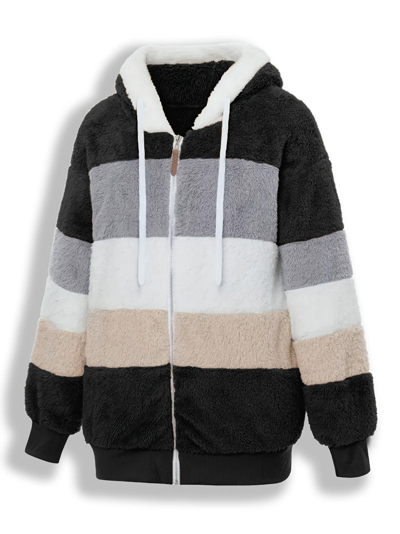 Casaco Feminino Peluciado com Capuz – Azul e Bege em Blocos de Cor