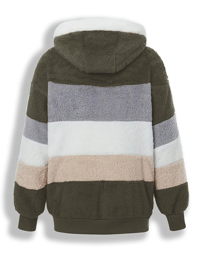 Casaco Feminino Peluciado com Capuz – Azul e Bege em Blocos de Cor