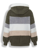 Casaco Feminino Peluciado com Capuz – Azul e Bege em Blocos de Cor