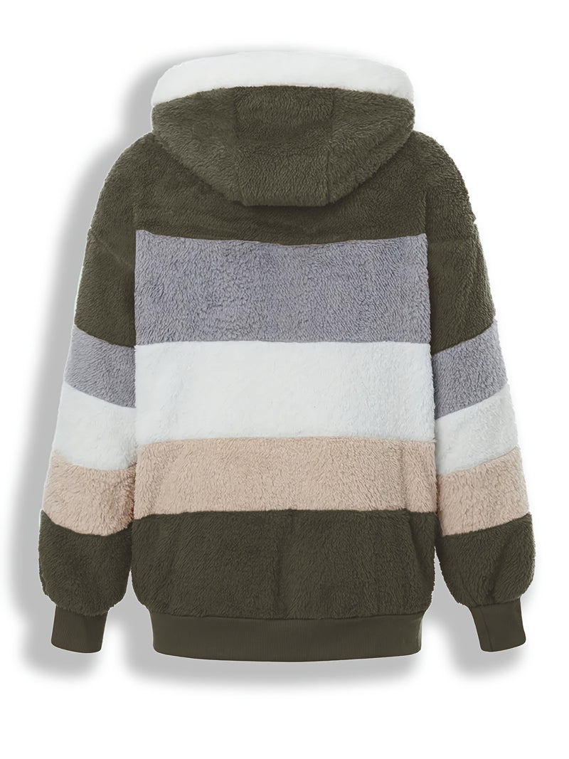 Casaco Feminino Peluciado com Capuz – Azul e Bege em Blocos de Cor