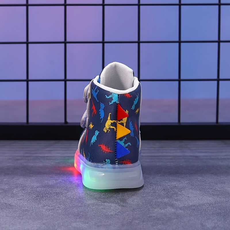 Tênis Infantil com Luz de LED e Estampa de Dinossauro – Colorido e Divertido
