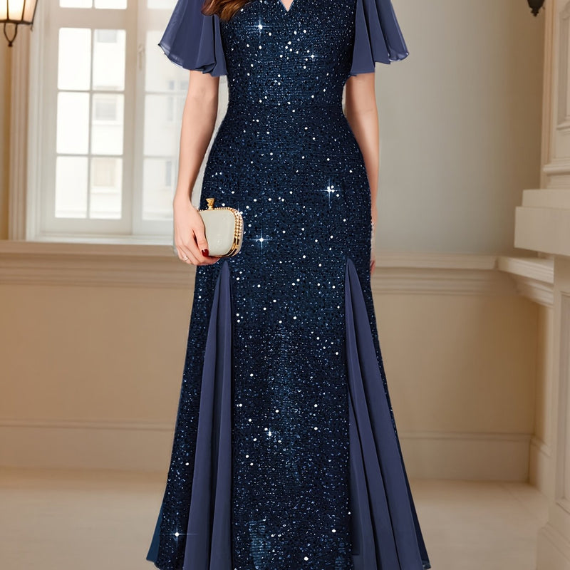 Vestido Longo Elegância com Paetês Roxos, Mangas com Babados e Decote em V