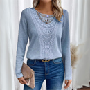 Blusas de renda feminina, Gola redonda de Manga comprida.