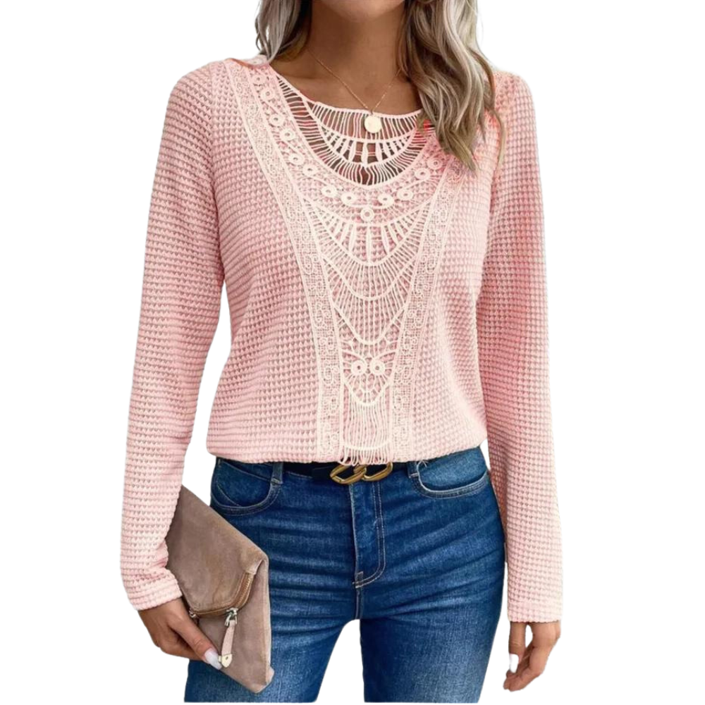 Blusas de renda feminina, Gola redonda de Manga comprida.