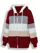 Casaco Feminino Peluciado com Capuz – Azul e Bege em Blocos de Cor