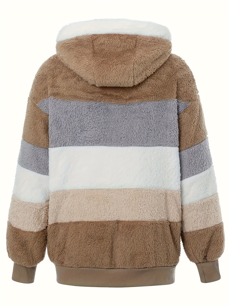 Casaco Feminino Peluciado com Capuz – Azul e Bege em Blocos de Cor