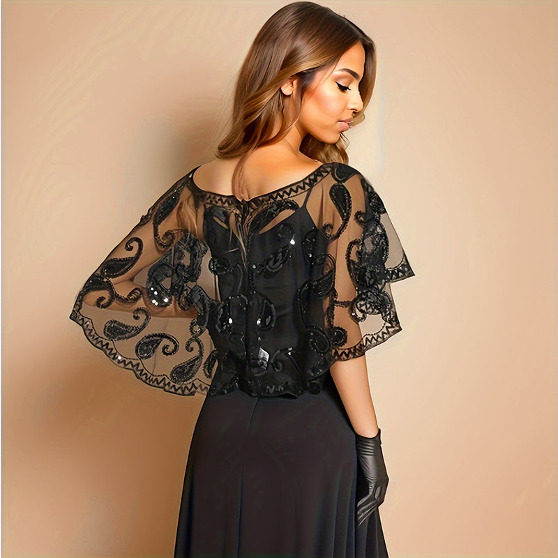 Xale Vintage com Paetês e Renda Bordada – Estilo Anos 1920 para Brilhar em Festas e Eventos Especiais