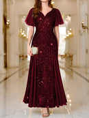 Vestido Longo Elegância com Paetês Roxos, Mangas com Babados e Decote em V