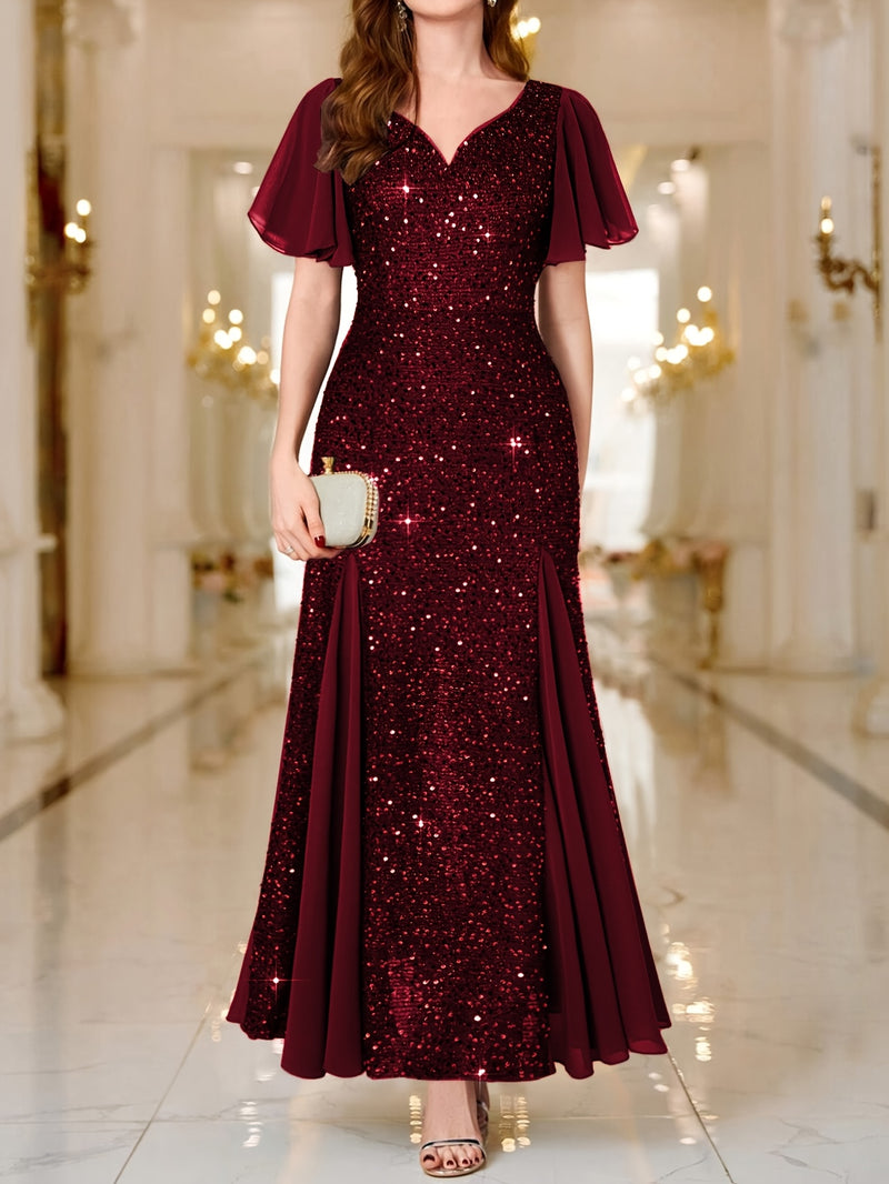 Vestido Longo Elegância com Paetês Roxos, Mangas com Babados e Decote em V