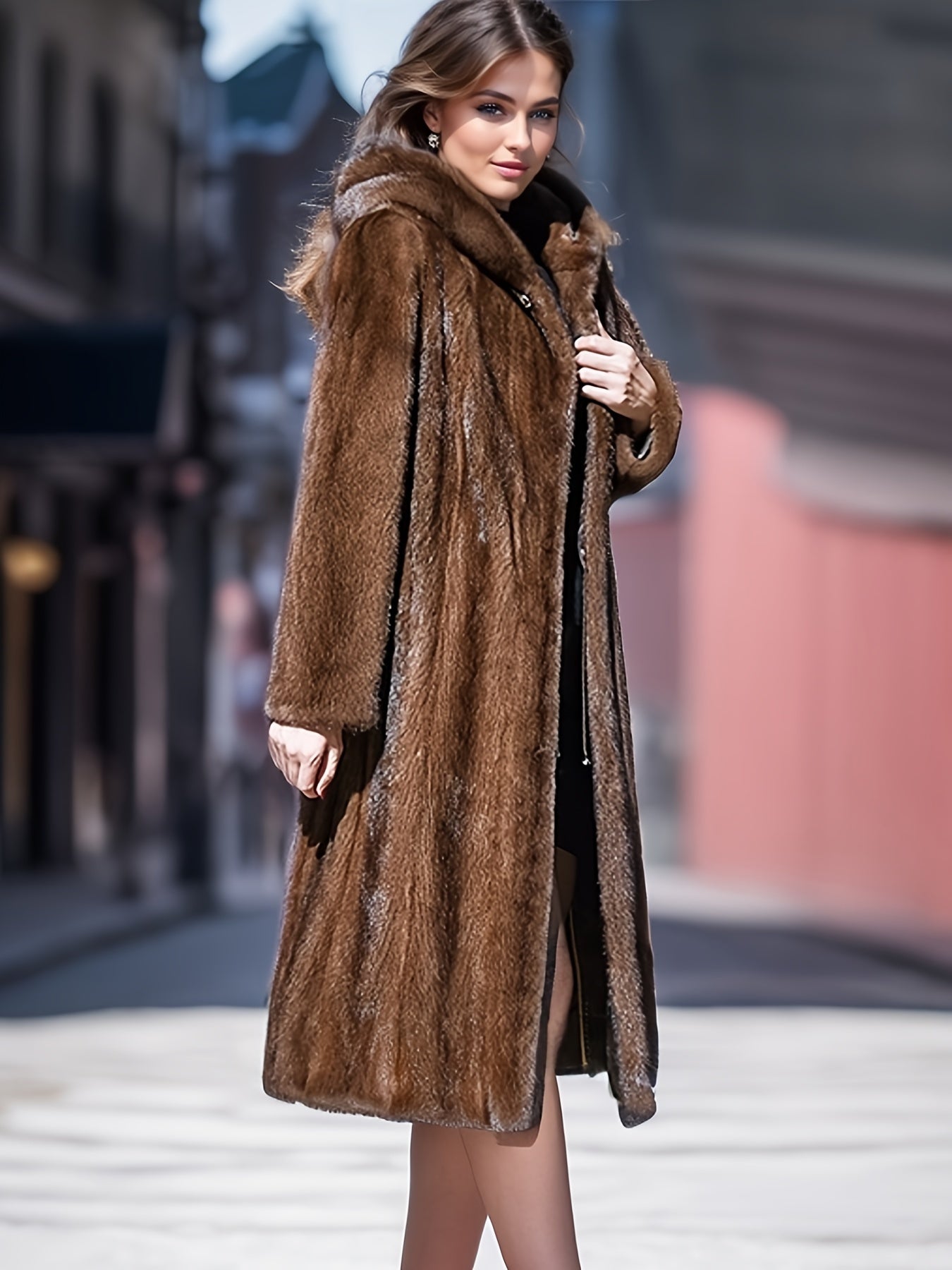 Casaco Feminino Longo com Capuz, Degradê . – Inverno