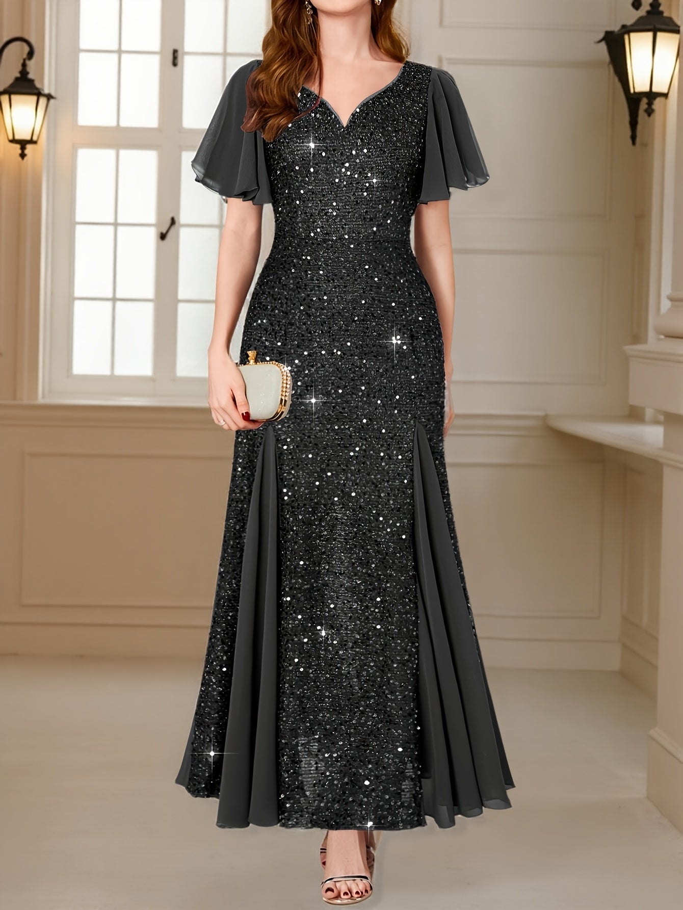 Vestido Longo Elegância com Paetês Roxos, Mangas com Babados e Decote em V
