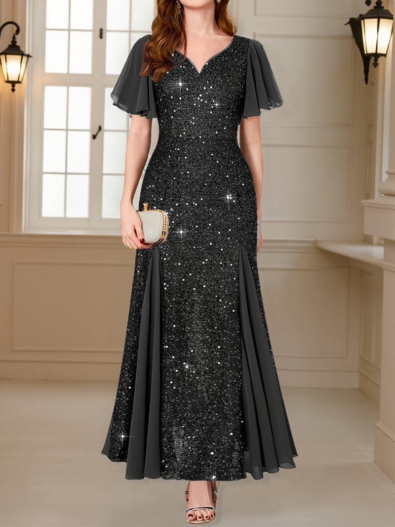 Vestido Longo Elegância com Paetês Roxos, Mangas com Babados e Decote em V