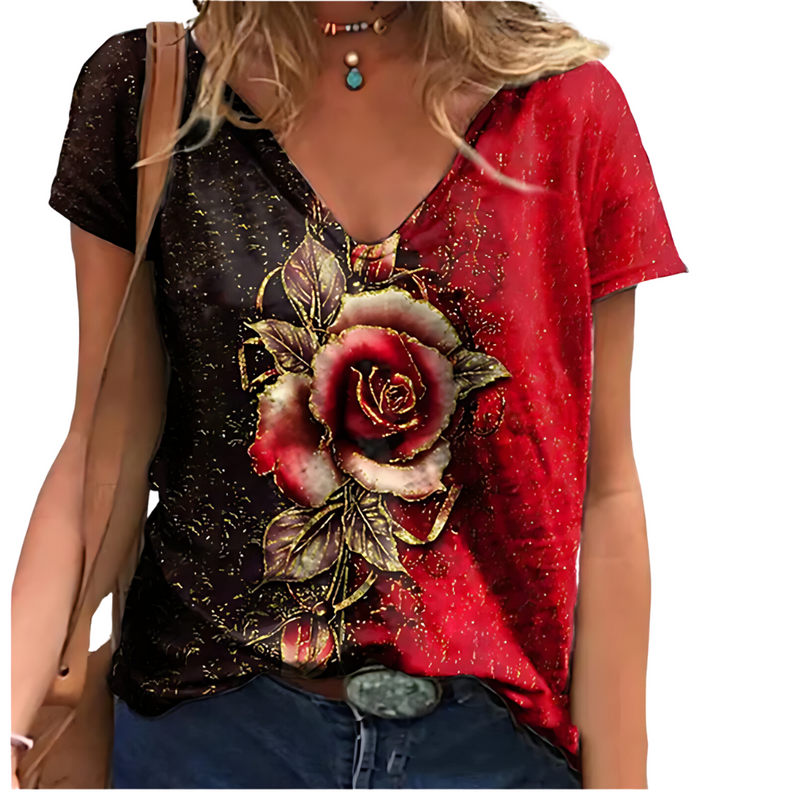 Camiseta Feminina Plus Size 3D Flores, Estilo , criativo,ousada, Manga Curta e Decote V.