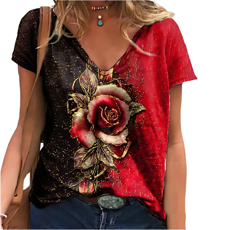 Camiseta Feminina Plus Size 3D Flores, Estilo , criativo,ousada, Manga Curta e Decote V.