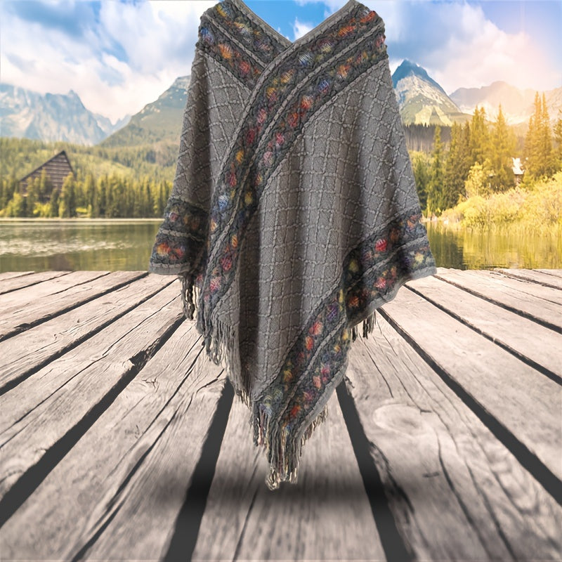 Poncho Indiano com Franjas – Malha Irregular e Decote V