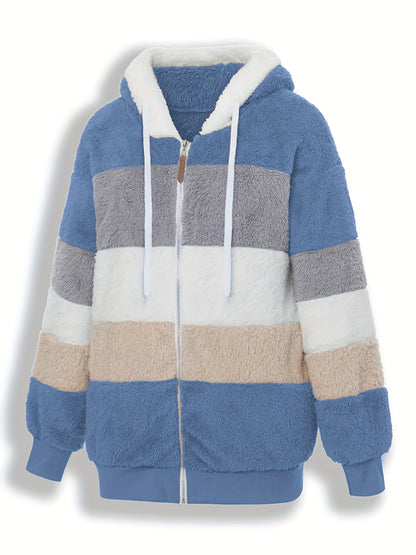 Casaco Feminino Peluciado com Capuz – Azul e Bege em Blocos de Cor