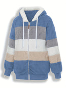 Casaco Feminino Peluciado com Capuz – Azul e Bege em Blocos de Cor