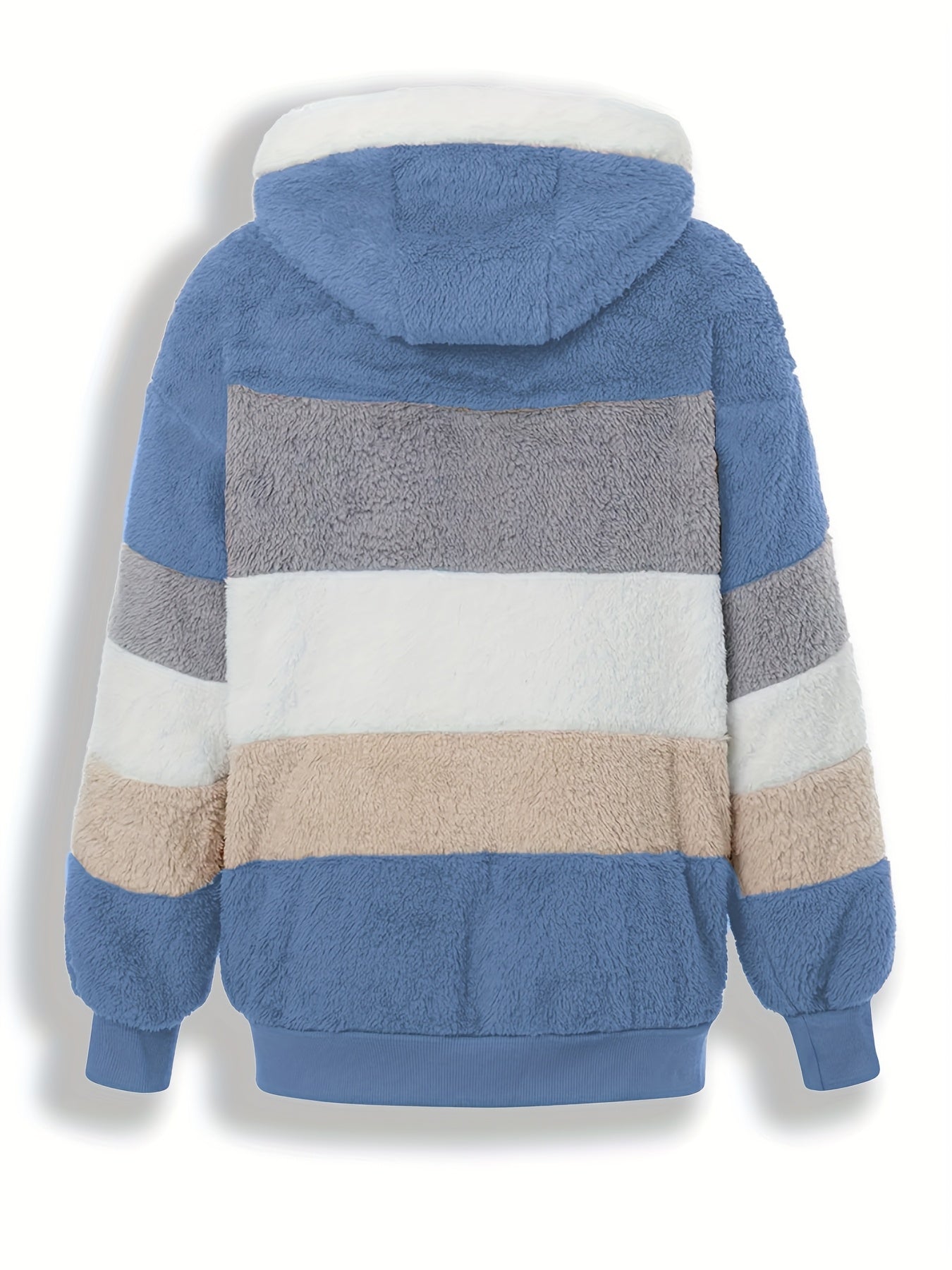 Casaco Feminino Peluciado com Capuz – Azul e Bege em Blocos de Cor