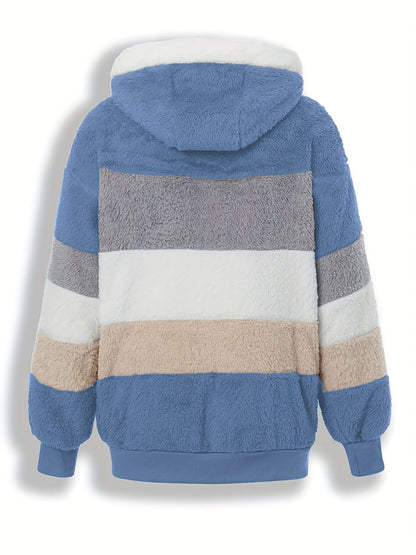 Casaco Feminino Peluciado com Capuz – Azul e Bege em Blocos de Cor