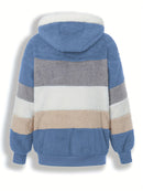 Casaco Feminino Peluciado com Capuz – Azul e Bege em Blocos de Cor