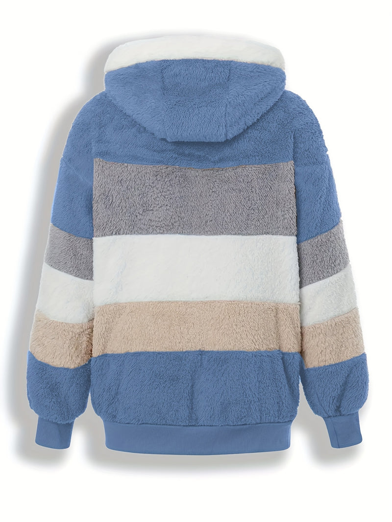 Casaco Feminino Peluciado com Capuz – Azul e Bege em Blocos de Cor