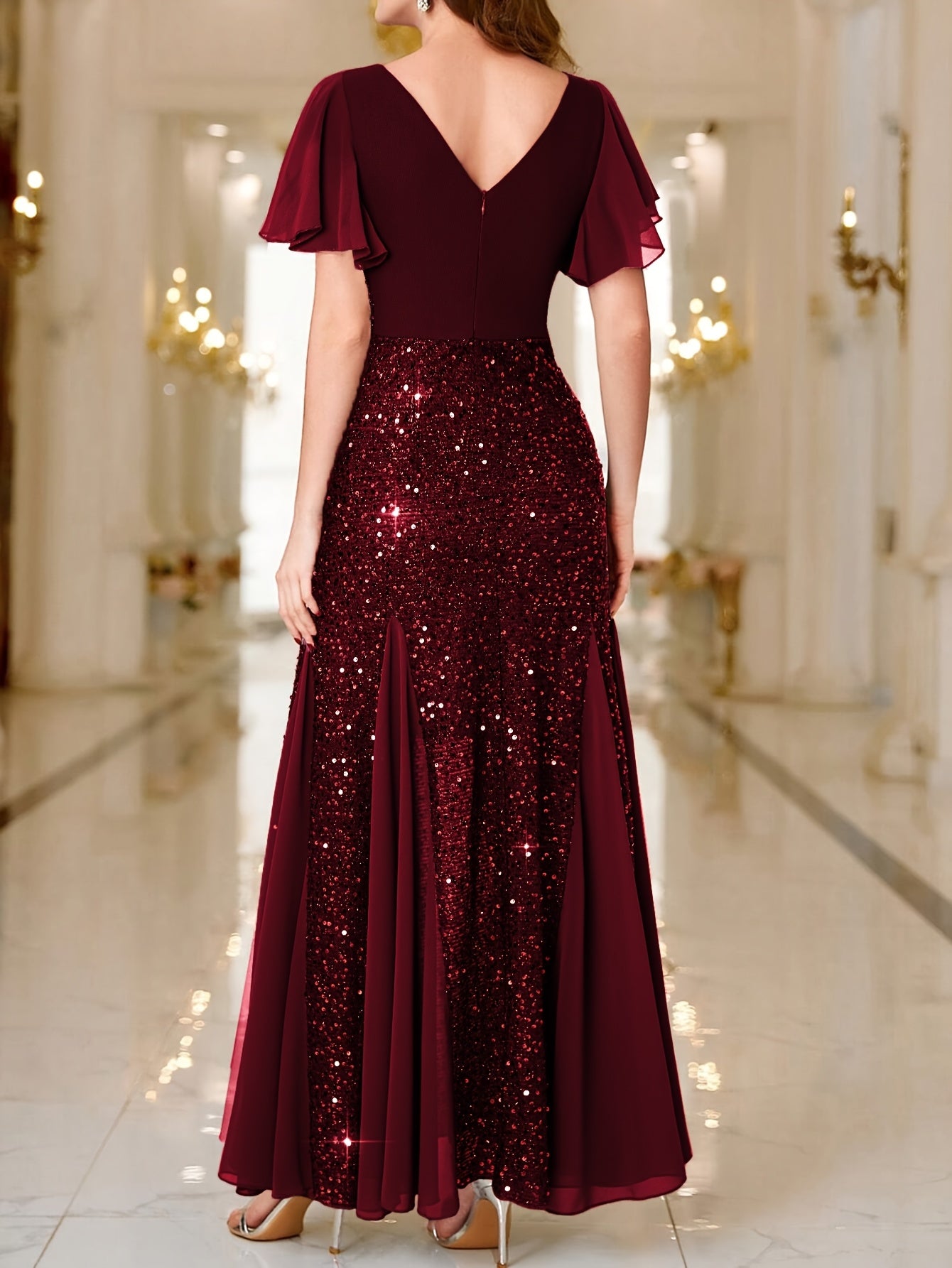 Vestido Longo Elegância com Paetês Roxos, Mangas com Babados e Decote em V